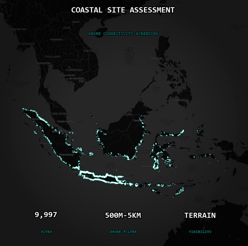 Coastal site map with 1000 plus shoreline visibility candidates